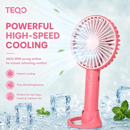Image of TEQO Rechargeable Hand Fan 4800 RPM High Speed | 1200mAh Battery, Up to 6 Hours Runtime | Portable USB Fan with Mobile Stand & RGB Light | 3 Speed Personal Mini Fan for Travel, Makeup (Raspberry)