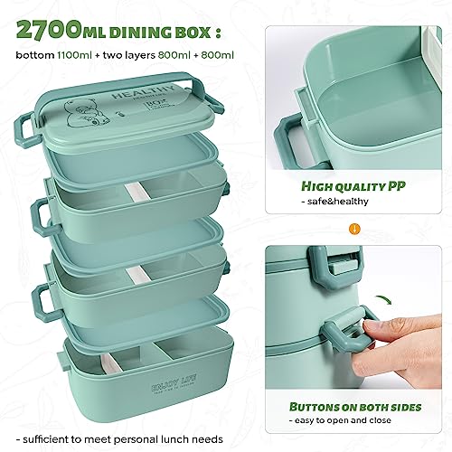Image of 2700ml 3 Layer Bento Box with Fork & Spoon, 4-in-1 Lunch Box for Adults, Meal Prep Container Food Storage Box for Men Women Student School Office, Microwave Dishwasher Safe Available (Lake-Blue)