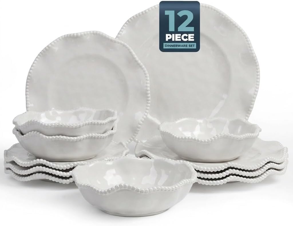 Melamine Dinnerware Sets Service for 4, Cream Plates and Bowls Set with Beaded Edge, BPA Free Dishwasher Safe, Heavy Duty Shatterproof Unbreakable Tableware for Wedding Party Camping Outdoor