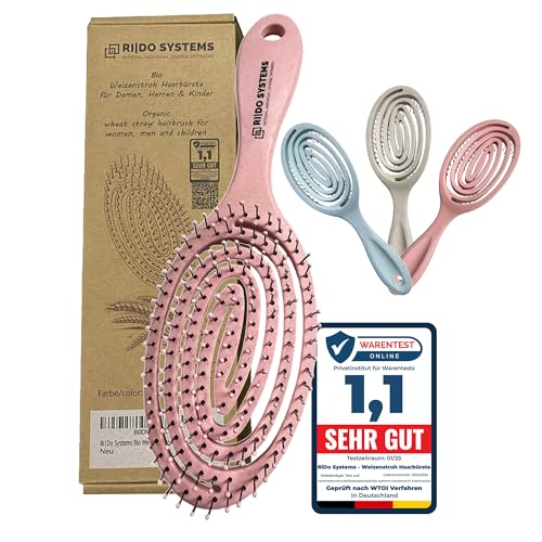 Ri|Do Systems Cepillo de pelo de paja de trigo orgánico sin tirones para mujeres, hombres y niños – Cepillo desenredante profesional – Cepillo para pelo largo grueso o rizado – Rosa