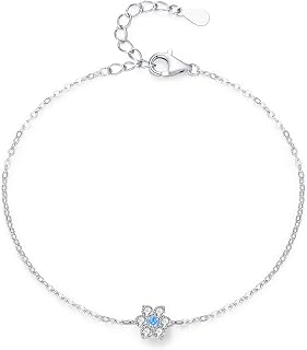 Kedjearmband vitt guld för kvinnor 9 karat / 14 karat / 18 kt, blomma med akvamarin och skapad diamant, 16 cm + 5 cm förlängare, damarmband justerbar kedja silver ljusblå