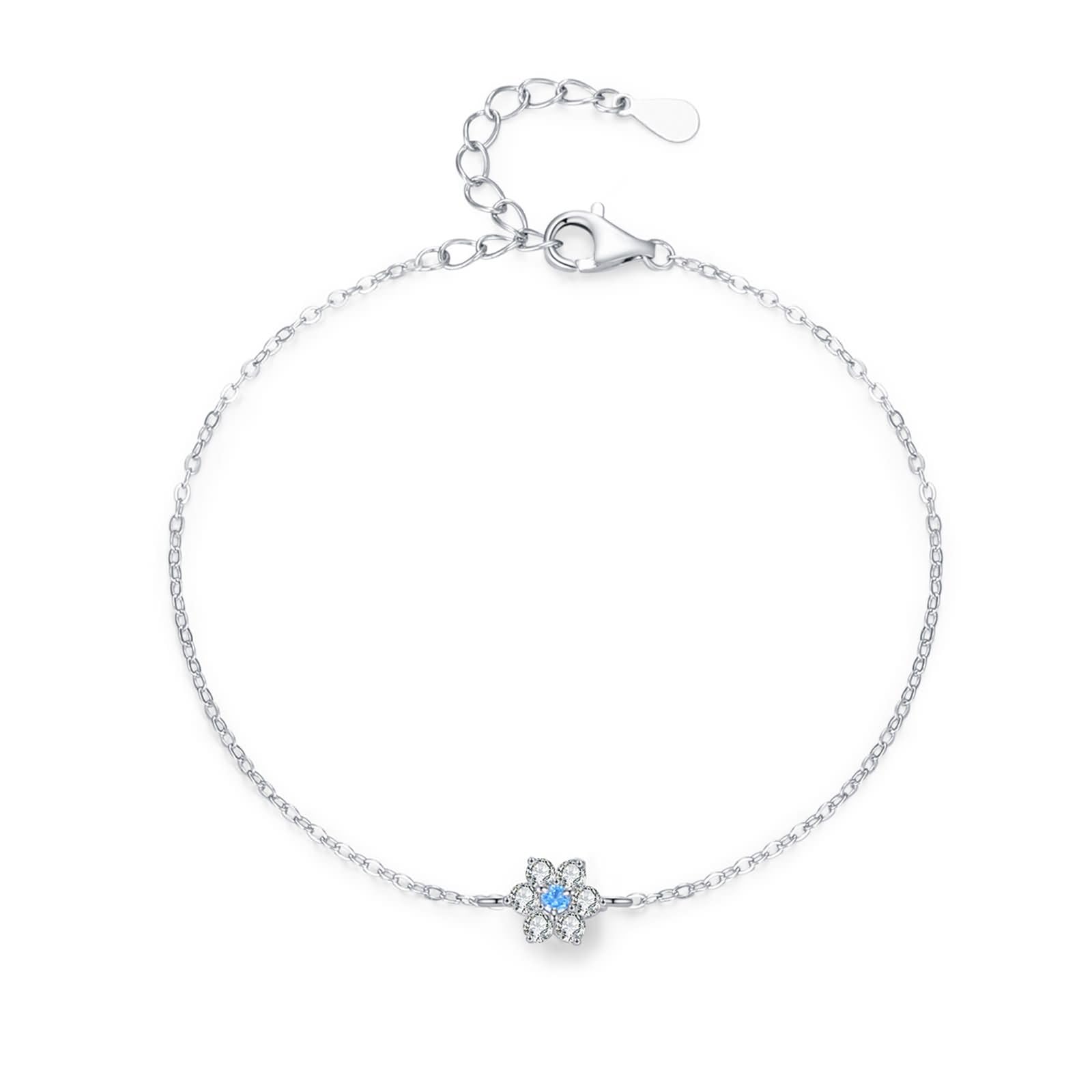 Pulseras Oro Blanco Mujer 9Kilates / 14Kilates / 18Kilates, Flor con Aguamarina y Diamante Creado, Cadena Extensible 16 CM + 5 CM, Pulsera de Mujer Ajustable Plata Azul Claro