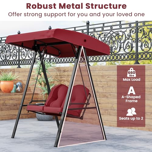 Image of Tangkula 2 Person Porch Swing, Patio Swing with Adjustable Canopy, Heavy-Duty Metal Frame & Soft Cushion, Outdoor Swing for Backyard, Garden (Wine)