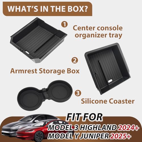 LEQEE Center Console Organizer Tray for Tesla Model Y Juniper Accessories 2025 2026 and Model 3 Highland Accessories 2024 2025 2026 for Tesla Accessories Cup Holder Matte Black (3PCS) by LEQEE - Image 8
