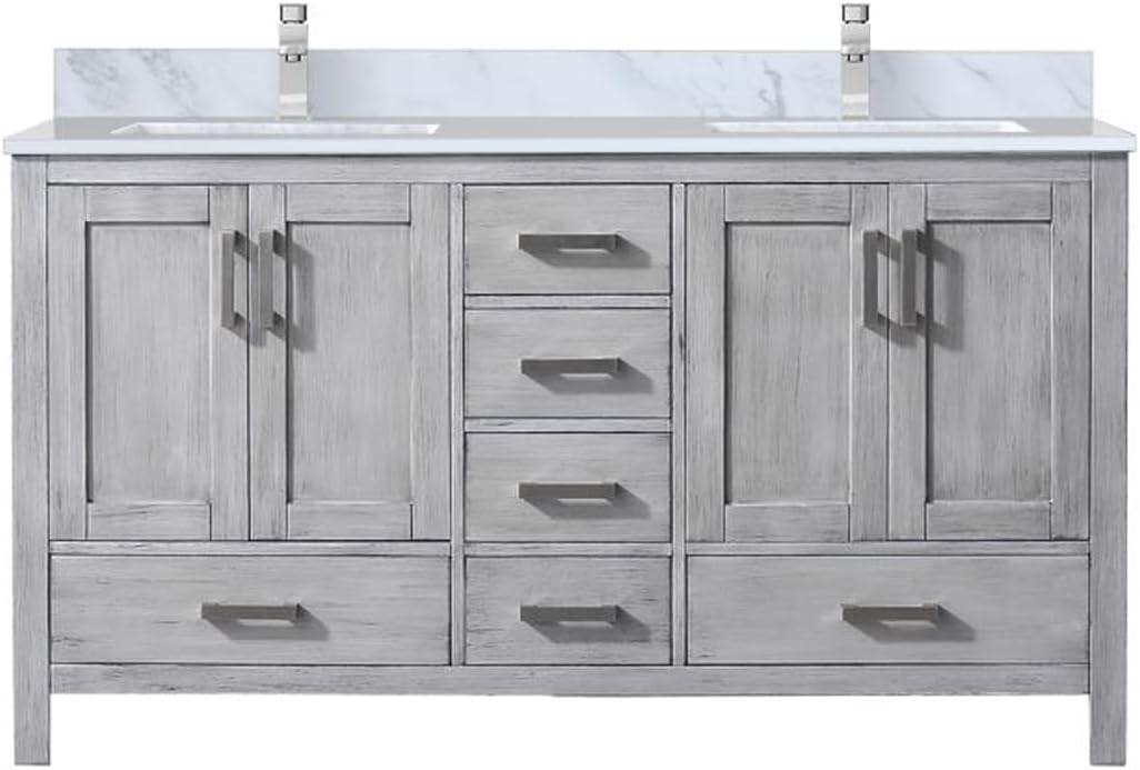 Distressed Grey Bath Vanity w/Faucet & Marble Top 60"/Carrara Marble Top