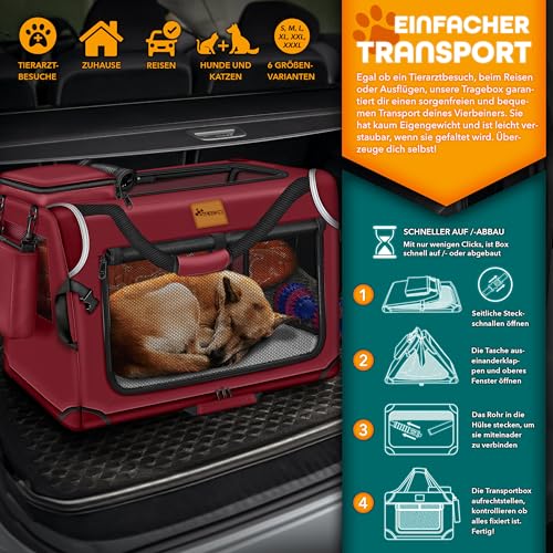 TRESKO® Hundebox faltbar inkl. Leckmatte, Spatel & Reflektoren M 61x42x42cm | Transportbox für Hunde und Katzen | Hundetransportbox Auto für kleine & große Hunde | Hundetasche robust Rot