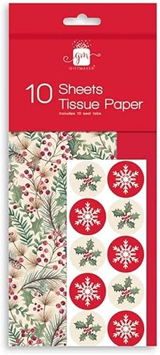 SKYTE® 10 Sheets of Christmas Tissue Paper Traditional Holly Design Present Gift Wrapping
