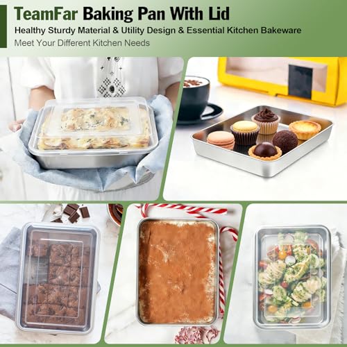 Image of TeamFar Baking Pan with Lid, 9.3 inchx 7 inch Stainless Steel Rectangular Cake Lasagna Pan with Cover for Cake Brownie Casseroles, Healthy & Sturdy, Oven & Dishwasher Safe - (1 Pan + 1 Lid)