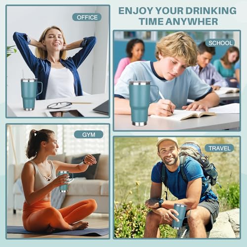 Image of 30 oz Tumbler with Handle, Stainless Steel Insulated Tumbler with Lid and Straw, Double Wall Vacuum Coffee Mug Tumbler, Insulated Coffee Thermal Cup for Cold and Hot (Maya Blue)