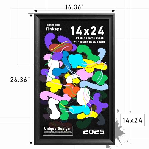 Image of 14x24 Picture Frame Black. MDF 1-3 /8 inch Curved Extra Wide Edges with Black Back, Vintage Style Poster Frame 14x24 for Wall Decor.