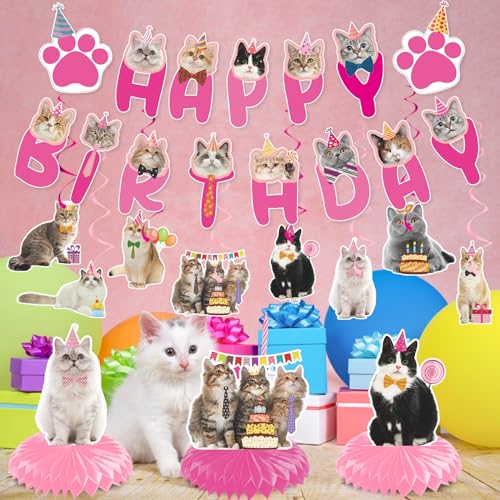 Image of Cat Birthday Party Hanging Swirls - NOVBAUB 20PCS Lovely Pink Cat Birthday Party Supplies Honeycomb Centerpieces Cute Cat Theme Birthday Party Decorations for Cats Kids Teens Adults