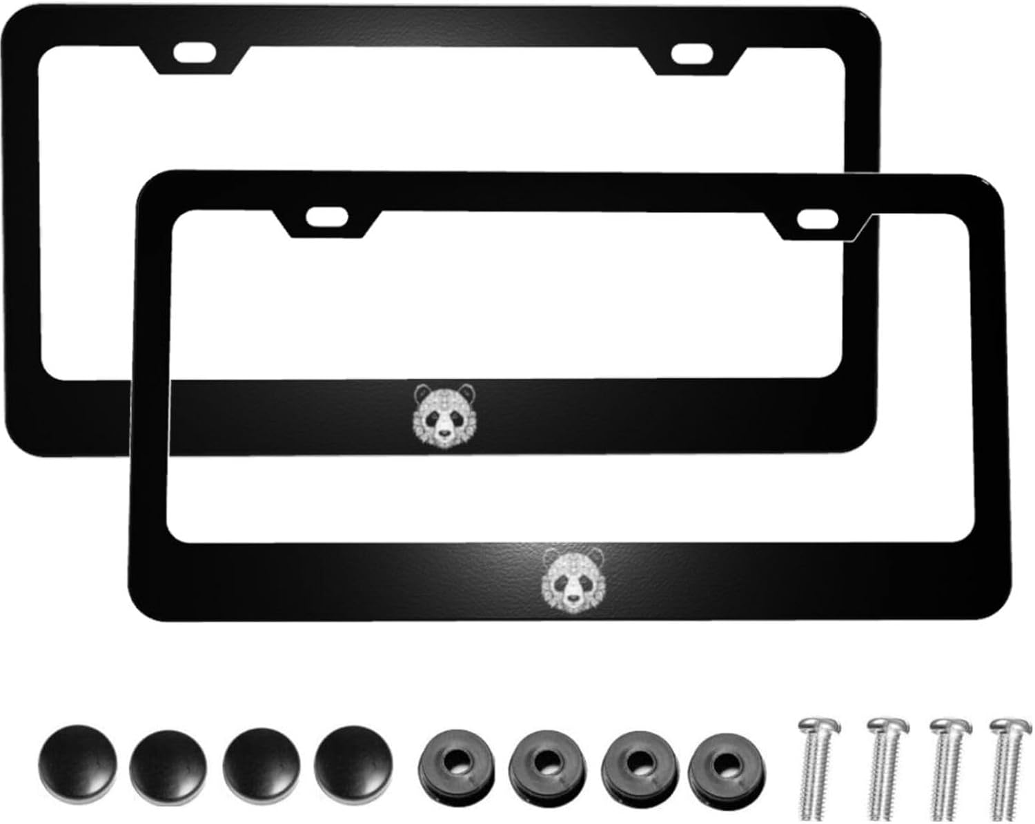 Panda Bear Head Matte Aluminum License Plate Frame with Black Screw Caps，2pcs 2 Holes Black Licenses Plates Frames,Car Licenses Plate Covers Holders for Us Vehicles/Women/Men