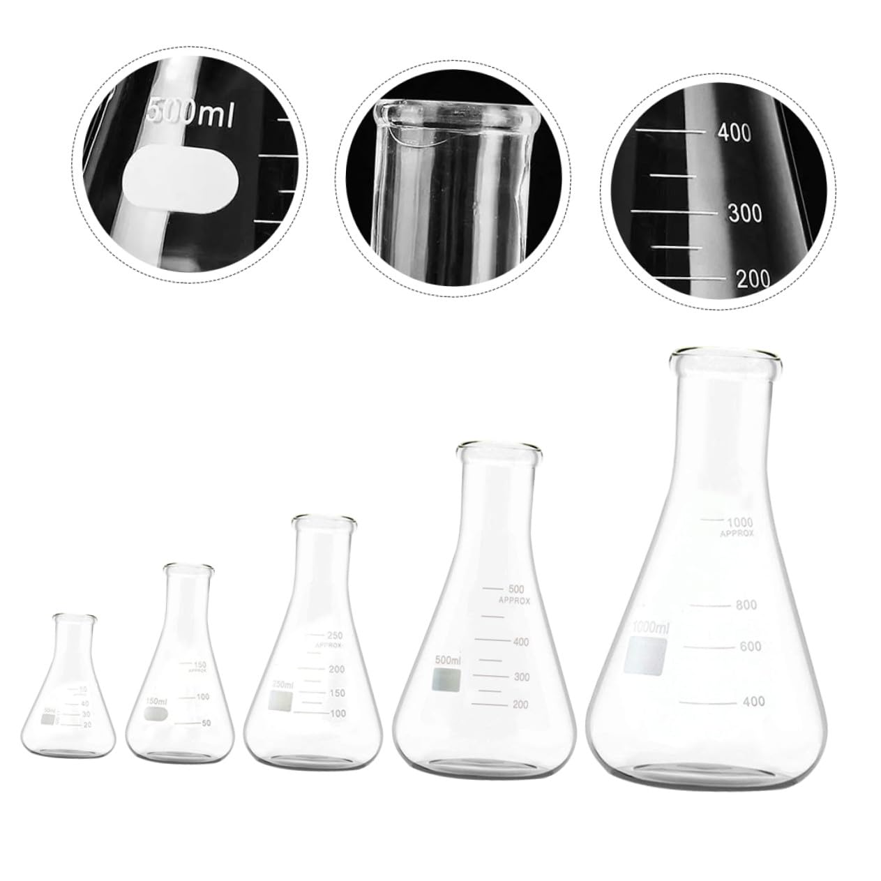 CLISPEED Set 5 Pezzi Beuta Conica in Vetro Borosilicato Collo Largo, Fondo Piatto e Marcatura Extra-large, Resistente a Cambi di Temperatura per Ricerca e Istruzione