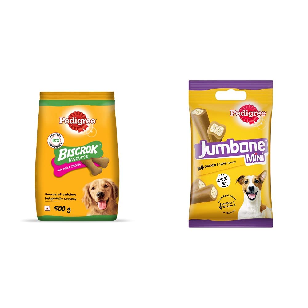 Pedigree Biscrok Biscuits Dog Treats (above 4 Months), Milk and Chicken Flavor, 500g Pack & Jumbone Mini Adult Dog Treat, Chicken & Lamb - 160 g Pack (4 Treats) (B0977DS6CJ) Amazon Price History, Amazon Price Tracker