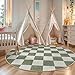 LIVEBOX Checkered Round Rug 6 Ft Washable Area Rug for Playroom Classroom, Kids Non-Slip Neutral Classic Circle Rug Geometric Large Carpet Soft Boys Nursery Rug for Dorm Bedroom(Sage Green,180R)