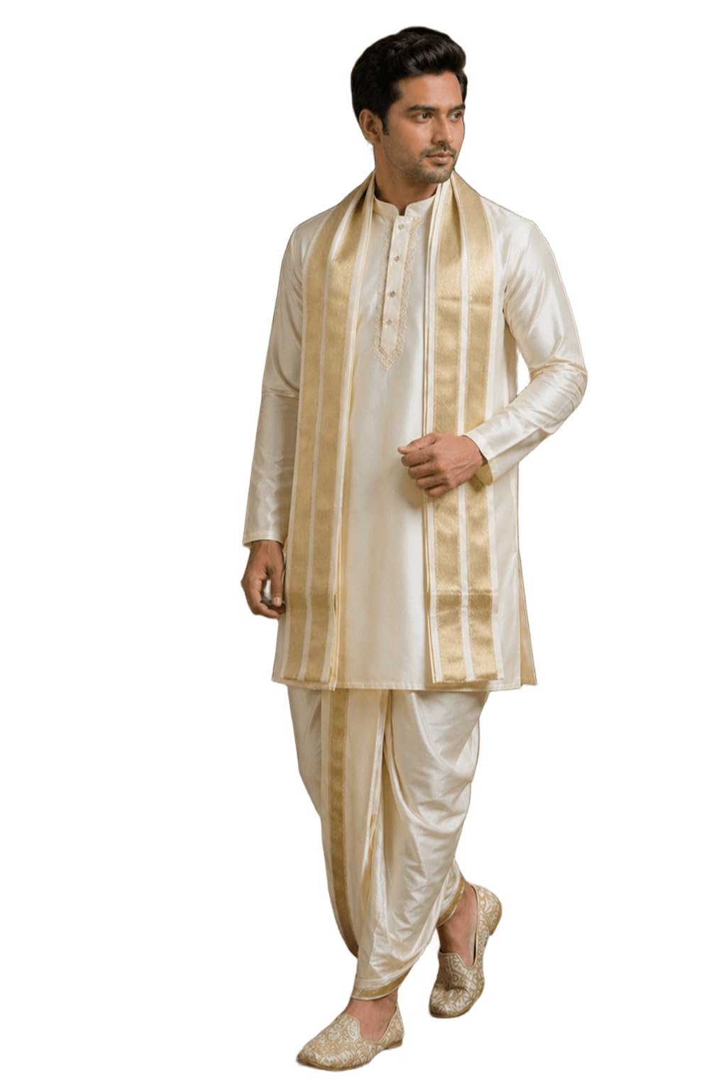 tattva Men Cream Toned Art Silk Kurta Dhoti Set-picture-10