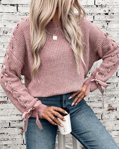 Womens Stylish Bowknot Ribbon Sleeve Chunky Cable Knit Crewneck Pullover Sweater Y2K Ribbed Knitwear Pullover2