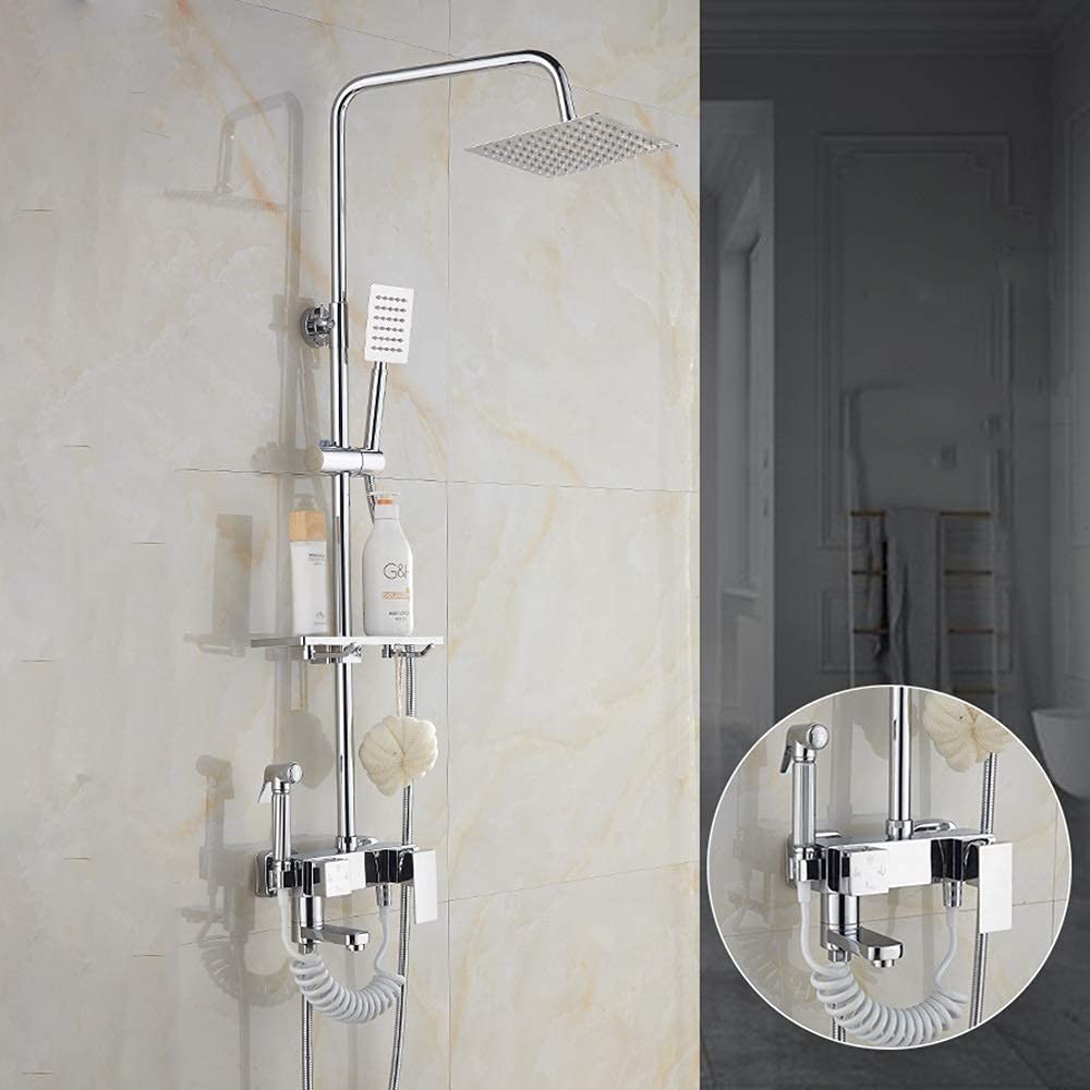 CWCQGH with Spray Gun Hot and Cold Shower Set Brass Shower Faucet 10 Inch Square Top Spray Shower System 4 Modes Silver Double Lift Delicate