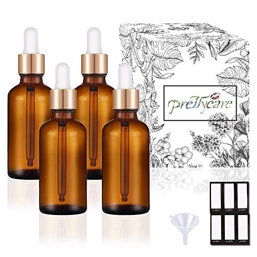 PrettyCare Eye Dropper Bottle 1 oz (4 Pack Amber Glass Bottles 30ml with Golden Caps, 1 Extra Plastic Measured Pipettes, 12 Labels, Funnel) Empty Tincture Bottles for Essential Oils