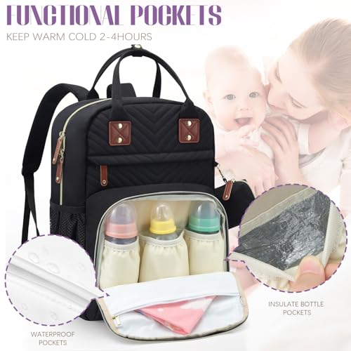 Image of Tuwubi Diaper Bag Backpack with Changing Pad,Baby Essentials, Multi function Waterproof Backpack with Stroller Straps & Pacifier Case Black