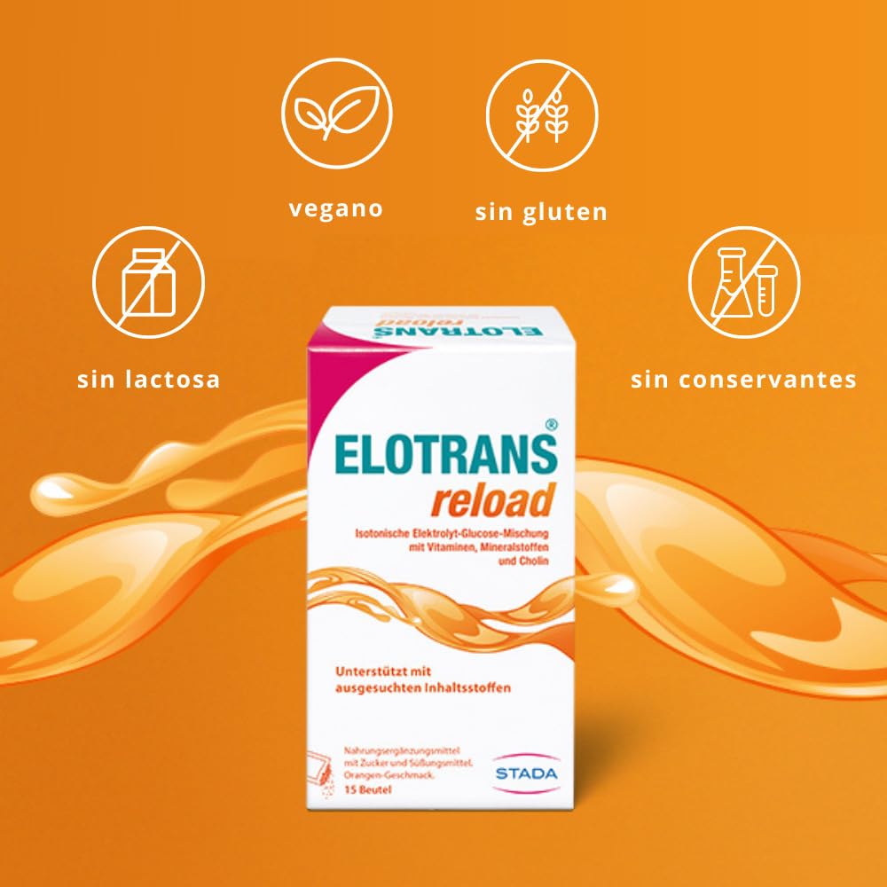 ELOTRANS Reload - Electrolitos, vitaminas y minerales en sobres sabor naranja - Mezcla isotónica para hidratación intensa - 15 sobres