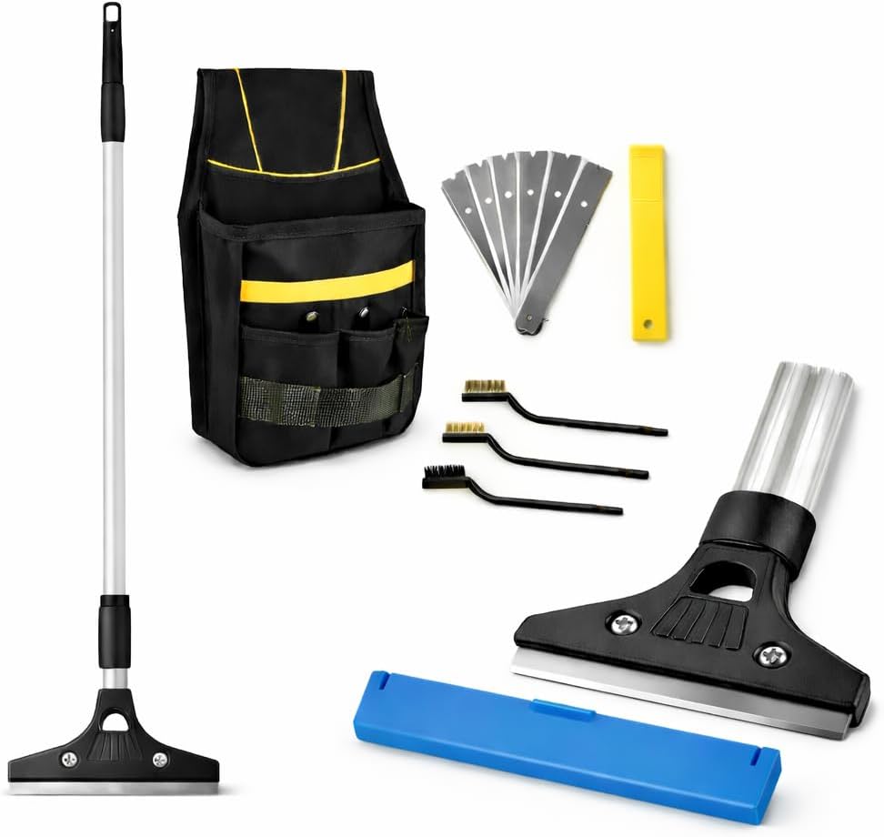 KATARY Razor Blade Floor Scraper, Wall Tile Scraper Tool with Razor Blade with Tool Bag and 3-Piece Cleaning Brush Set - Grout, Concrete and Glue Remover Kit