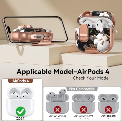 Image of for AirPods 4 Case, with Safty Lock & Phone Stand for Floral AirPods 4th Generation Case Cover for Women Girly, iPod 4 Case with Keychain & Cleaner Kit - Black Gold Flower