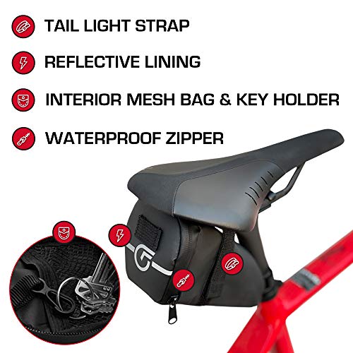 Cycle Factor Waterproof Bike Saddlebag Aerodynamic Bicycle Under Seat Pouch For Mountain, Beach Or Road Bikes - Reflective Lining, Interior Mesh Bag & Key Holder, Velcro Straps, High Shear Resistance #TOP6