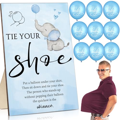 Image of Roowest 51 Pcs Tie Your Shoe Baby Shower Game Sign Wooden Sign Greenery Gift Sets Gender Reveal Party Favors 50 Balloons Latex Balloons for Game Wedding Supplies(Blue,Elephant)