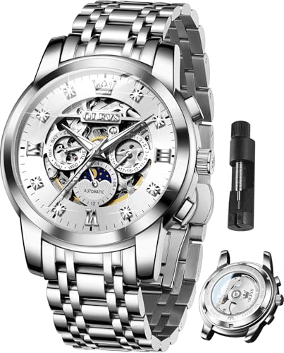 OLEVS Mens Automatic Watch Skeleton Diamond Luxury Mechanical Self Winding Dress Wrist Watch Waterproof Luminous