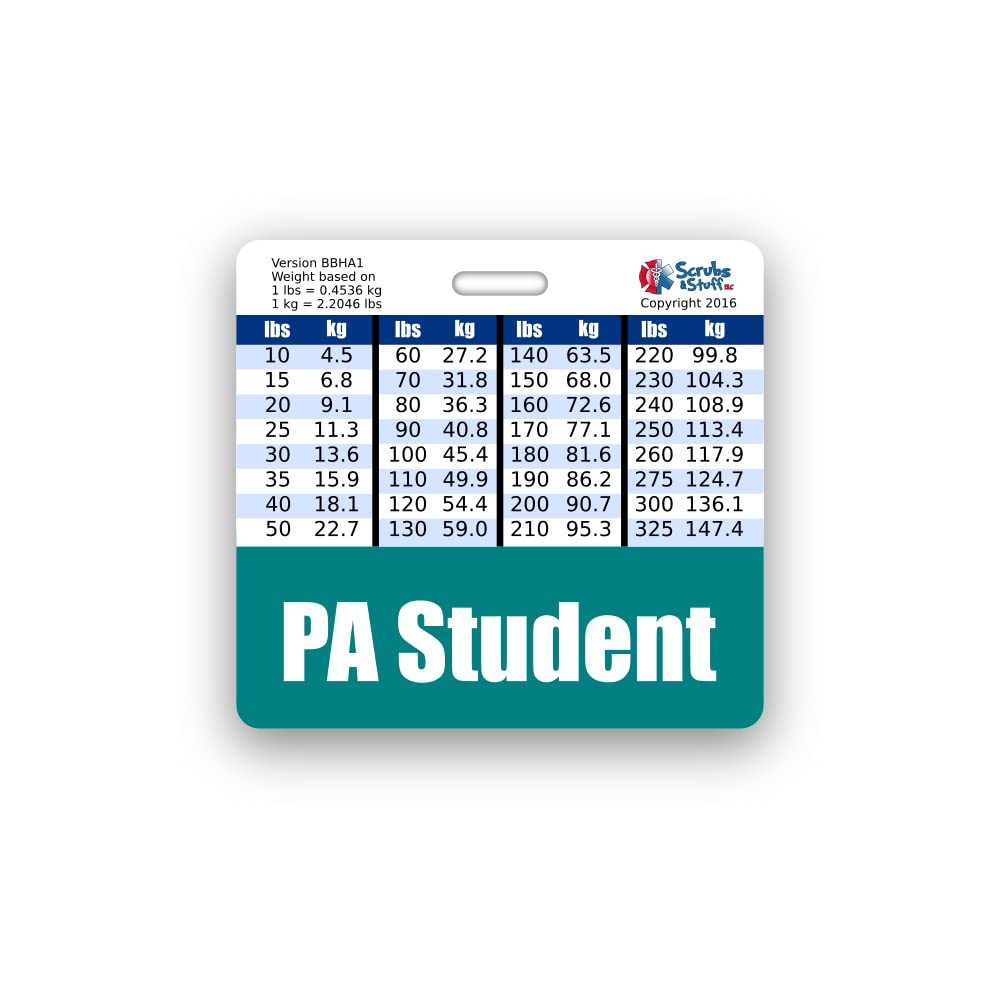 PA Student Badge Buddy Horizontal w/Height & Weight Conversion Charts (Standard, Teal)