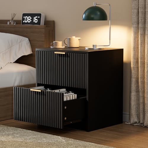 Image of Furniway Nightstands Set of 2, Fluted Nightstand with Gold Metal Handles and 2 Drawers, Modern Bedside Table, 19.6 inch Wide Wood End Table for Bedroom, Black