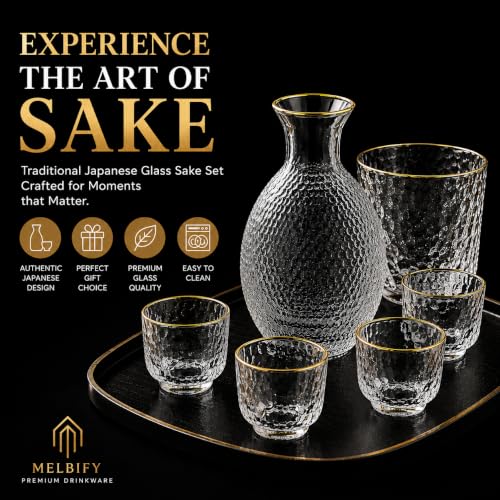 Image of Melbify Japanese Sake Set with Chiller Bowl | 6 Pcs Set | Bowl(600ml),Carafe(300ml) & 4 Cups(60 ml) | House Warming Gift New Home Ceremony | Sake's Glass | Serving Glass Gift