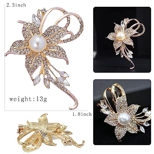 Image of Crystal Pearl Flower Brooches Pins Fashion Beautiful Created Rhinestone Floral Brooch Good Idea for Party Dance Wedding Banquet for Elegant Women Girl
