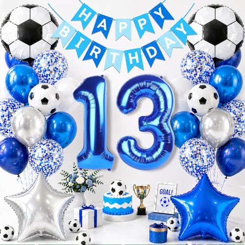 OIWLCI Soccer Birthday Party Decorations, Blue Number 13 Balloon, Blue and White Soccer Balloons, Happy Birthday Banner for Football Party Decorations (Blue, Number 13)