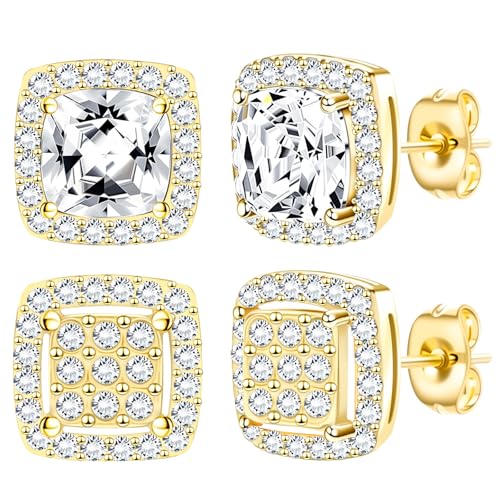 Image of NEWITIN 2 Pairs Silver Stud Earrings for Women Hypoallergenic Earring Stainless Steel Inlaid Cubic Zirconia Studs Earring Diamond Halo Stud Earrings for Women Men