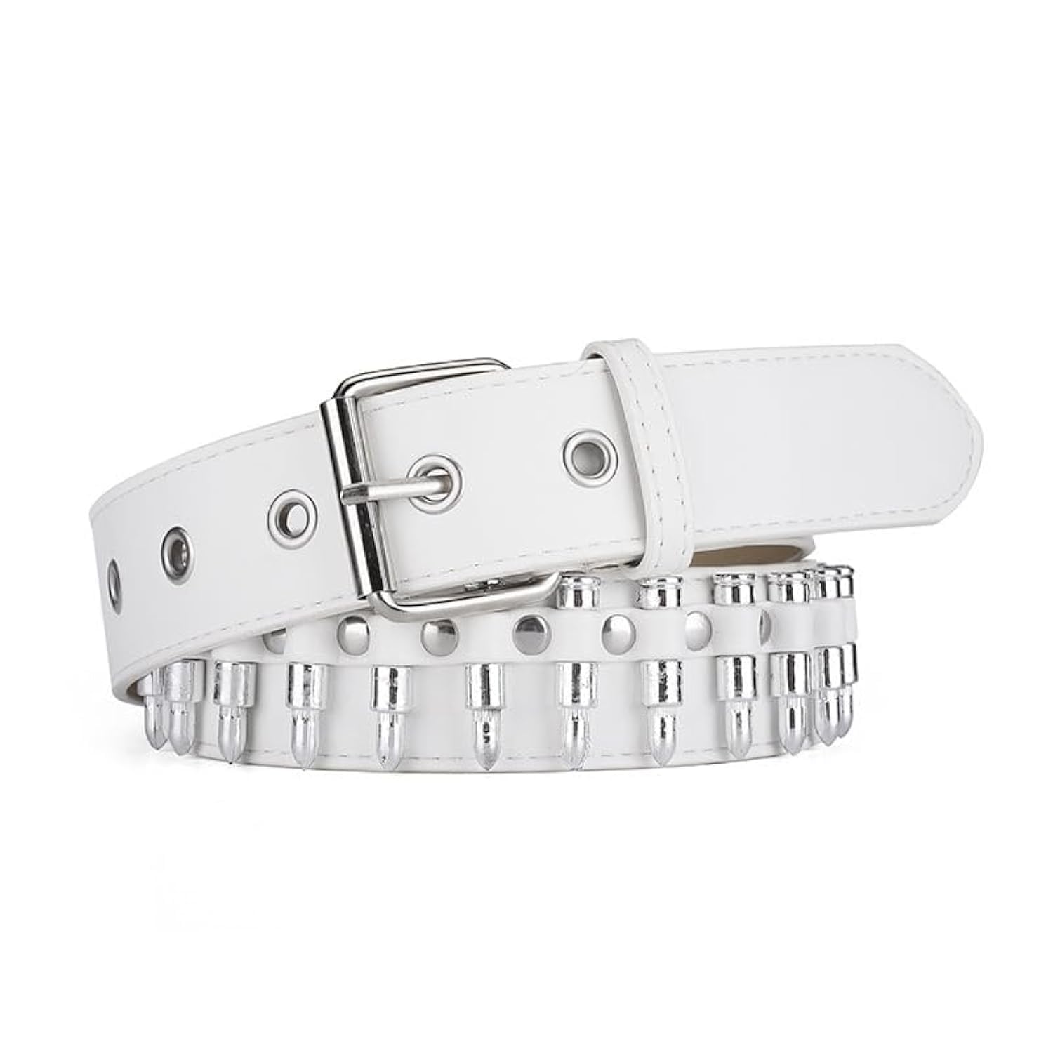 小物 Vintage Real leather studded white belt SNCEAW Bullet Belts, Metal Punk Rivet Style Women Men White