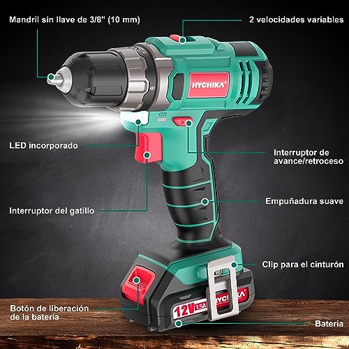 Taladro Atornillador 12V, HYCHIKA 104pcs Taladro Bateria Kit Herramientas Bricolaje, 1,5Ah destornillador electrico, 30N.m Par Máx, 1 Hora de Carga Rápida, Caja Herramientas Completa - imagen 3