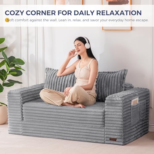 Image of MAXYOYO Convertible Sofa Bed, 2 in 1 Folding Couch Bed for Small Space, Pull Out Loveseat Sofa Couch with Large Back Pillow, Plush Faux Fabric Lounge Couch for Living Room, Apartment, Grey