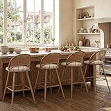 TYBOATLE 26'' BarStools Set of 4 w/Rattan Backrest, Swivel Counter Height Bar stools w/Metal Legs, Modern Mid-Century Boho Bar stools with Faux Leather for Kitchen Island, Dining Room, White