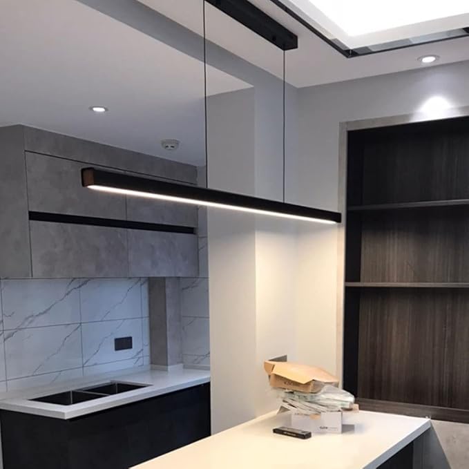DDYY Dimbare led-hanglamp, zwart, moderne hanglamp met afstandsbediening, lineair design, in hoogte verstelbaar, kroonluchter, lamp voor eettafel, eetkamer, secretariaat, keuken, lamp (L150 cm/60 W photo 2
