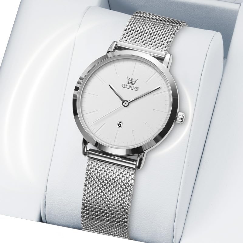 OLEVS Watch Women Mesh Watches for Women with Date Analog Quartz Ladies Watches Classic Dress Womens Wristwatch Waterproof (Blue/Black/White Face) - Image 3