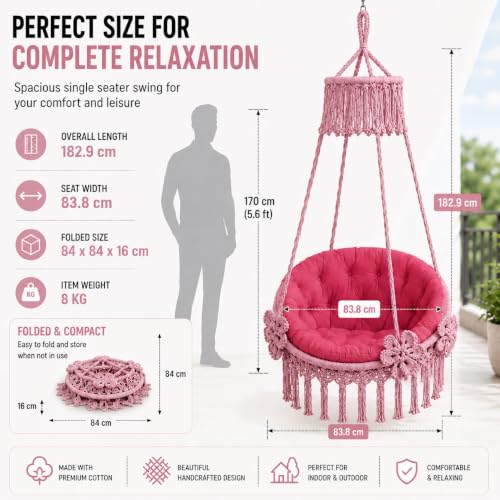 Image of Premium King Size Hammock Chair Swing with Cushion, 200kg Capacity | Indoor Outdoor Heavy Duty Adults & Kids Hanging Jhula for Home, Garden, Patio & Balcony | 1 Year Warranty (Pink)