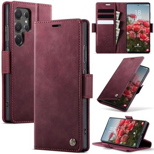 Cracedily Wallet Case for Samsung Galaxy S24 Ultra Leather Wallet Flip Cover with Card Holder, Kickstand, Magnetic Closure, RFID Blocking TPU Shockproof Phone Case Compatible with S24 Ultra, Red - image 1