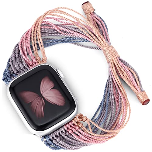 JR.DM Boho Watch Bands Compatible with Apple Watch 40mm 41mm 38mm 44mm 42mm 45mm Women Girls, Cute Handmade Friendship Bracelet Hippie String Art for iWatch Series SE/9/8/7/6/5/4/3/2/1(Afterglow)