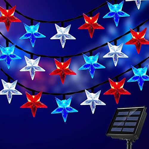HUGSVIK 30.6Ft 50 LED Solar 4th of July Lights Star Lights, Waterproof Red White and Blue Solar Lights Outdoor July 4th Decor, Solar Patriotic Lights for Independence Day Memorial Day Christmas Decor