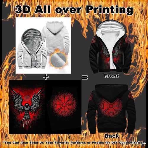Viking Nordic wolf Tattoo Men's Zip up Heavyweight Hoodie, 3D Print Thickened Warm Winter Jacket, Medieval Fleece Lined Coat3