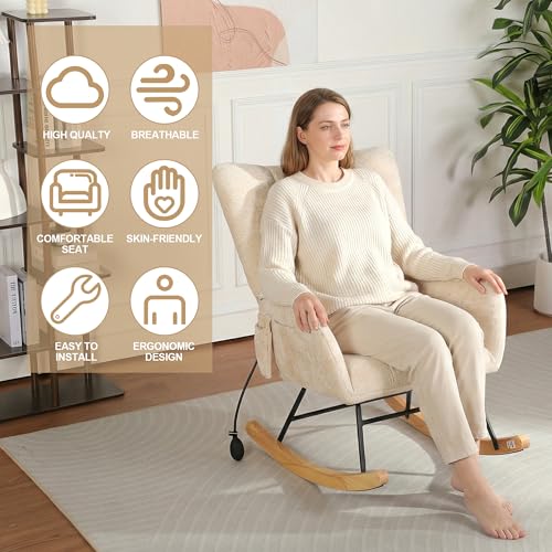Image of Rocking Chair Nursery with Airbag, Comfy Modern Nursery Rocking Reading Chair Indoor, Cozy Upholstered Glider Rocker Chairs for Living Room Bedroom Offices, (Chenille, Beige)