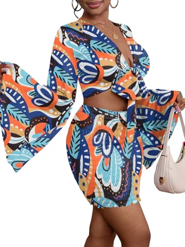 Image of LYANER Women 2 Piece Vacation Outfits Tie Knot Front Bell Long Sleeve Crop Top and Mini Skirt Summer Set