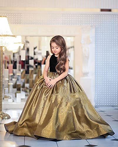 Black Flower Girl Dress Gold Sequin Girl Pageant Ball Gown Sleeveless Prom Dress for Girls 10-122